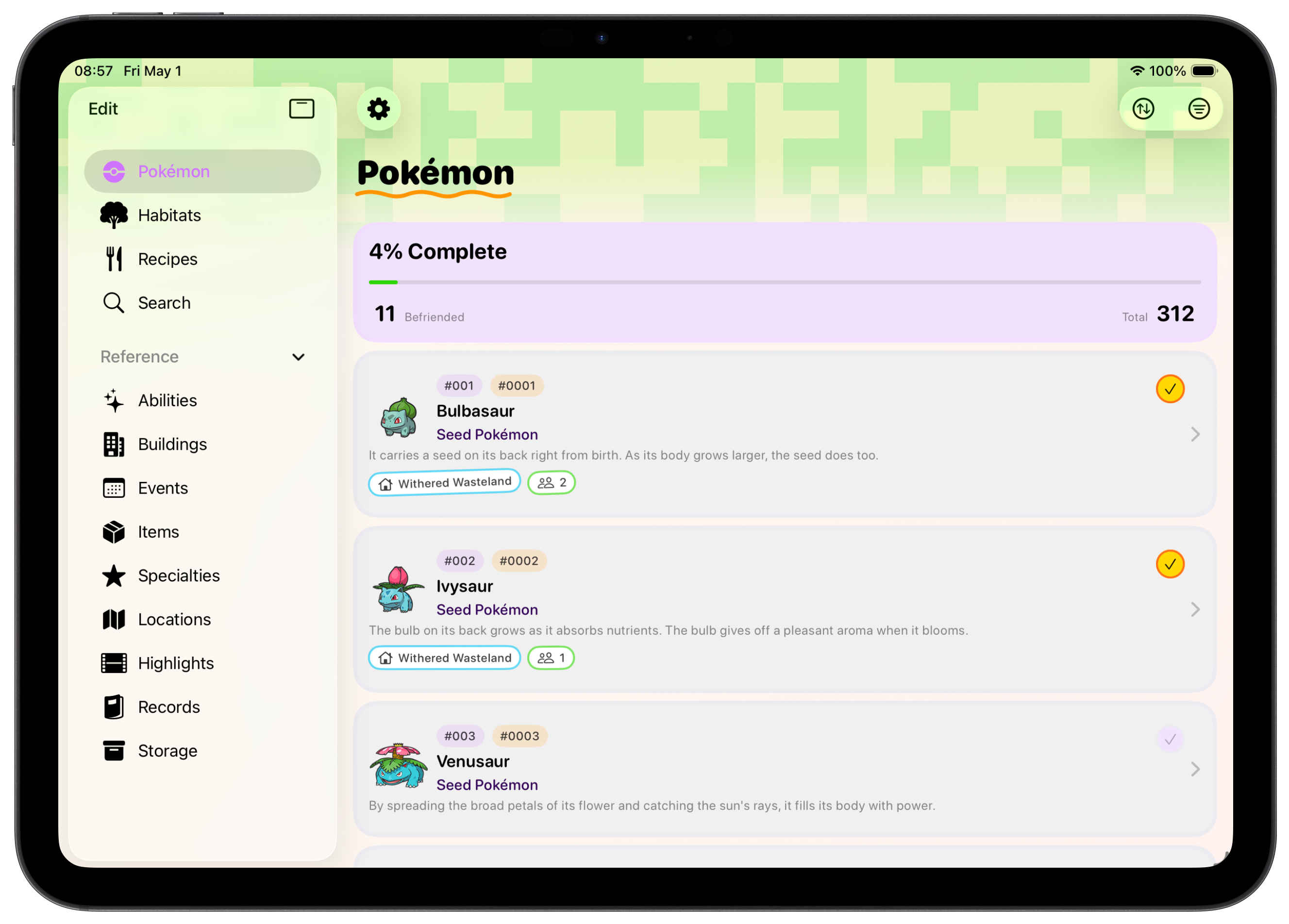 Tangrome on iPad showing the Pokédex in landscape