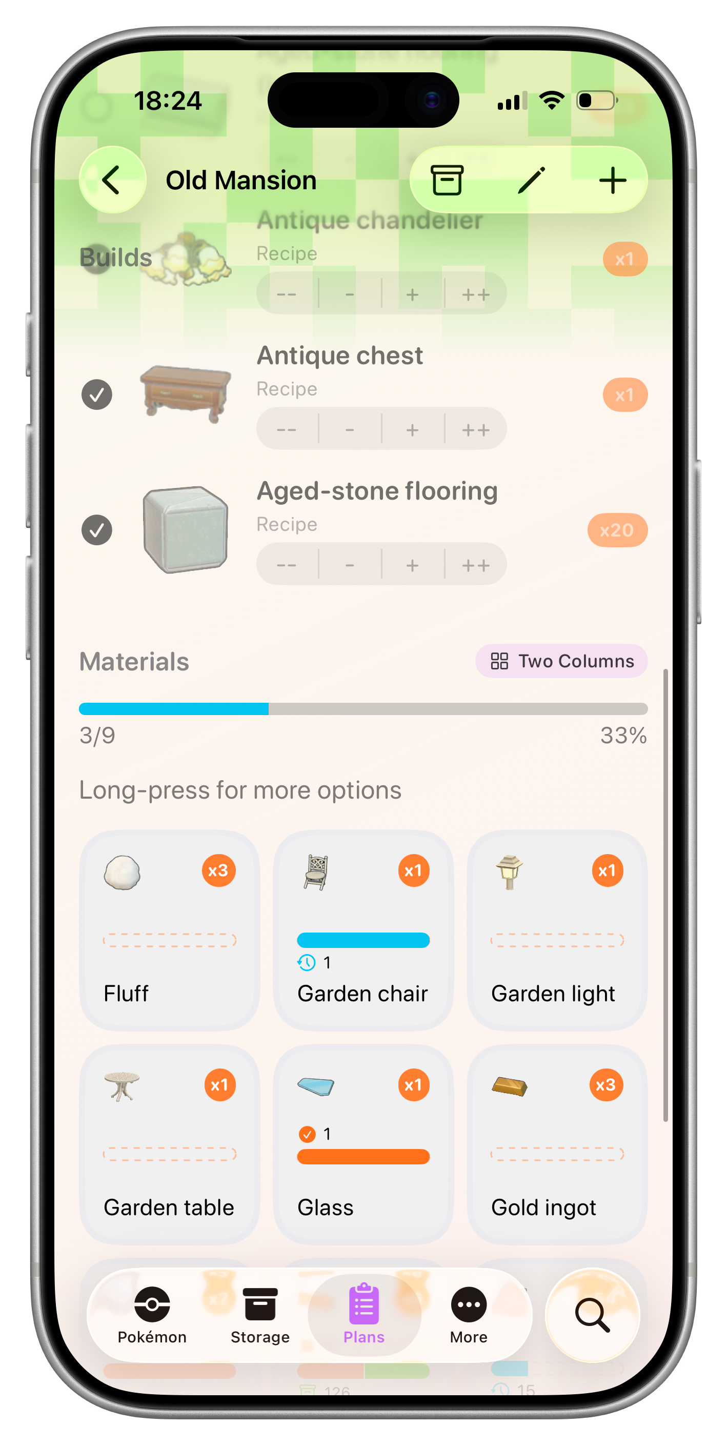 A single Build Plan detail showing material requirements and build progress