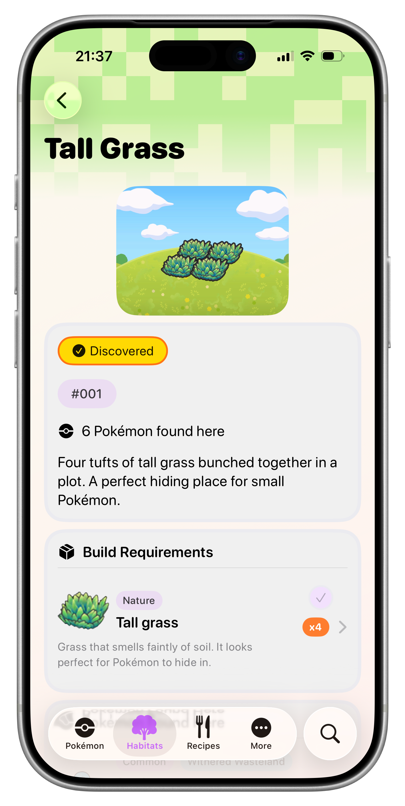 Habitat detail showing connected Pokémon, materials, and build requirements