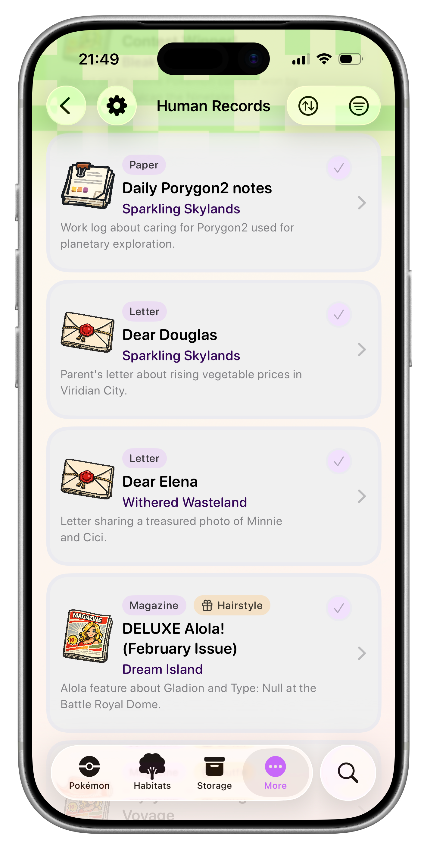 Human Records tracking screen showing progress across categories