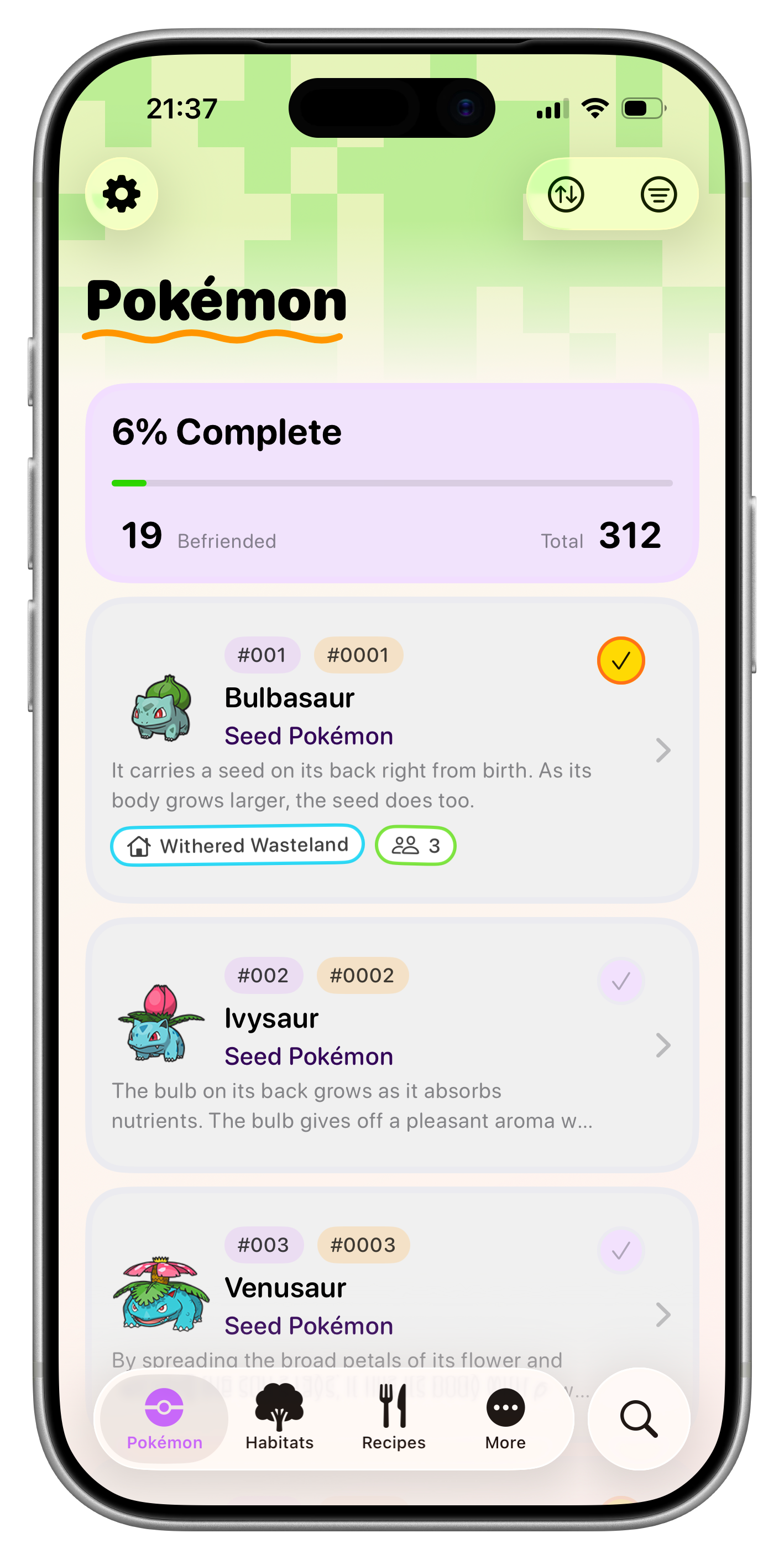 Tangrome Pokémon list showing completion progress, habitats, and roommate counts