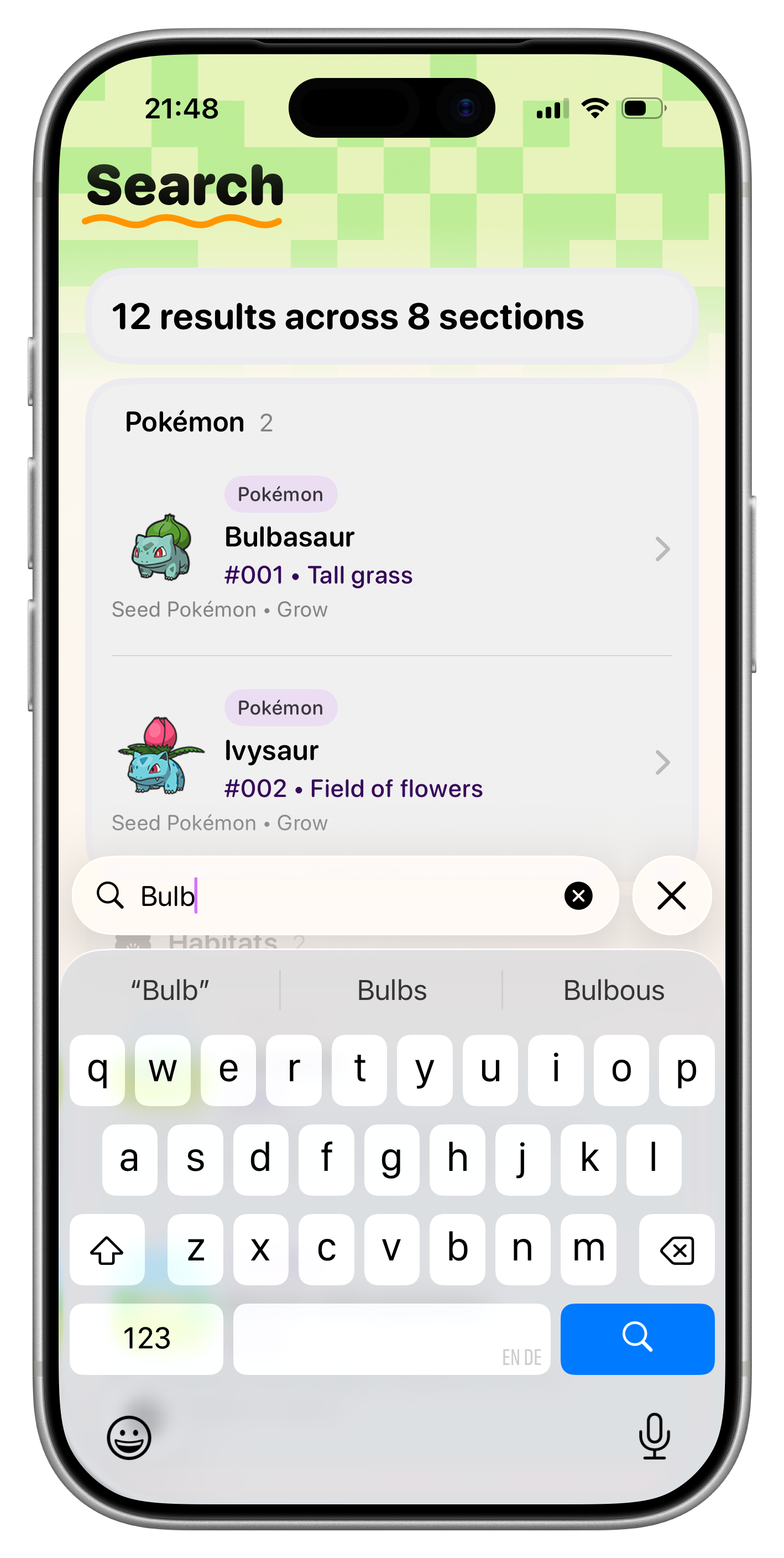 Tangrome search results showing Pokémon, habitats, and more across encyclopedia sections