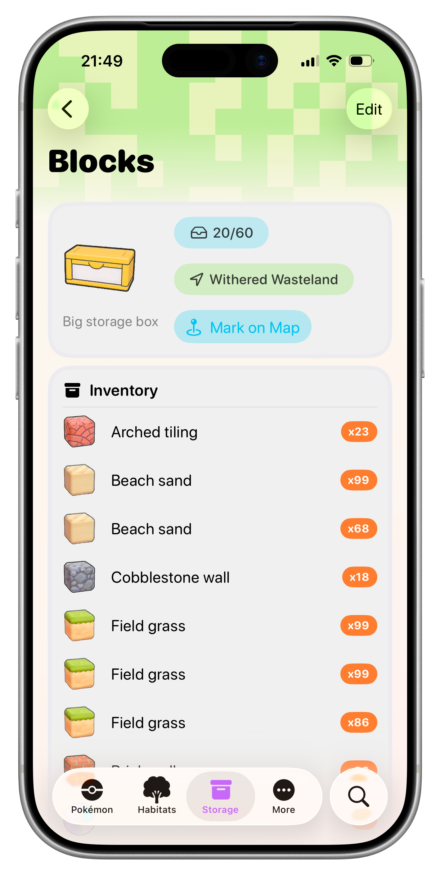 Storage box detail showing a mapped location and saved item quantities