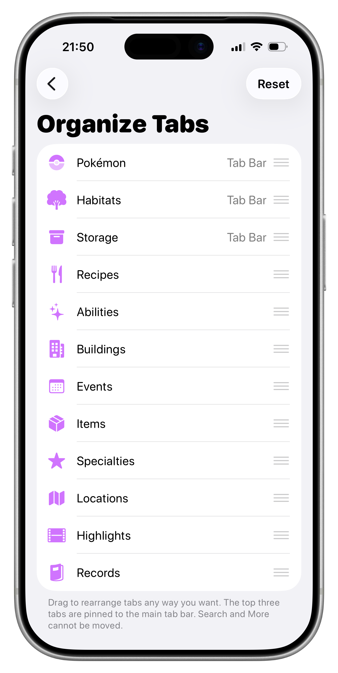 Tab customization showing reorderable sections