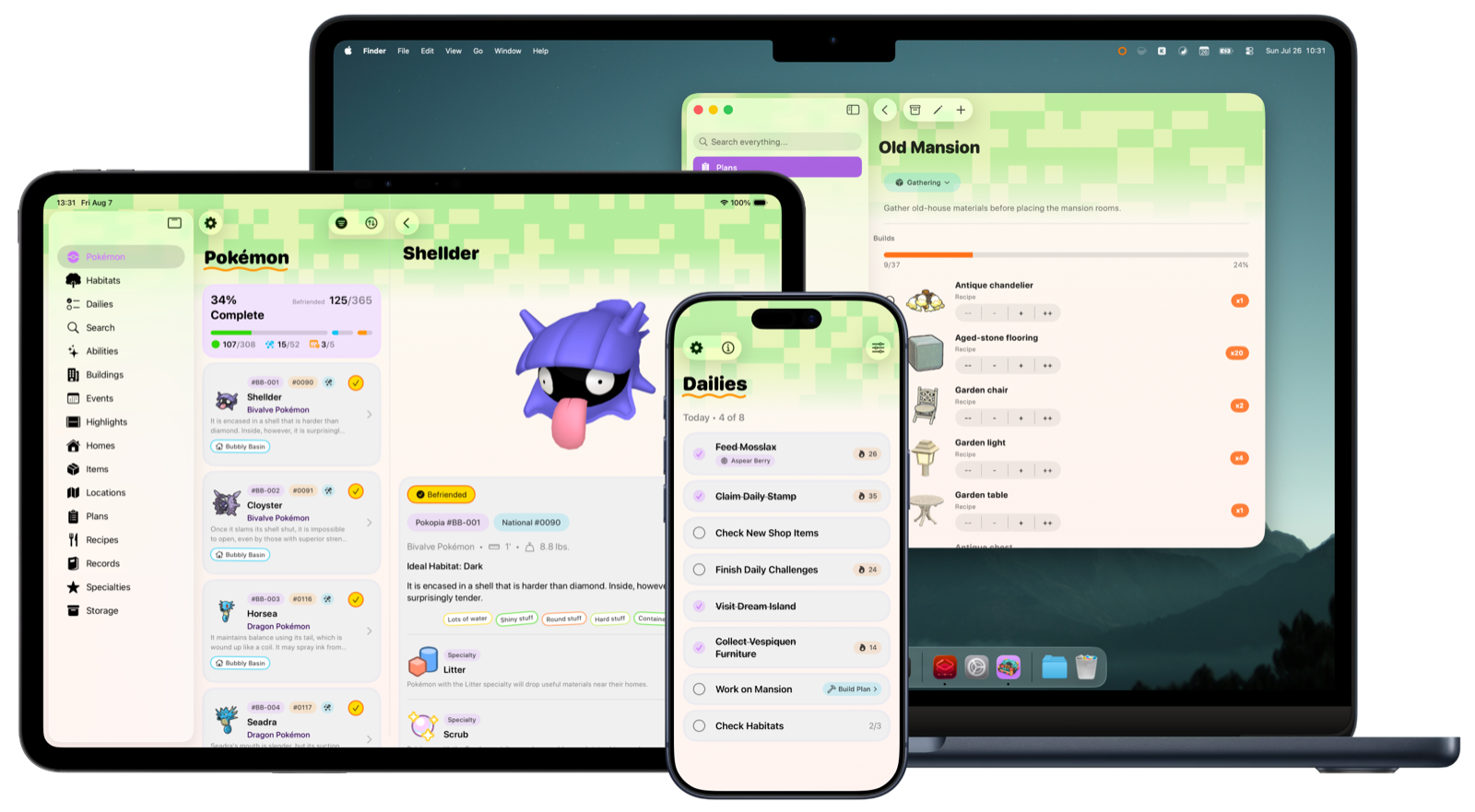 Tangrome shown on iPad, iPhone, and Mac with Pokémon, Dailies, and Build Plans screens