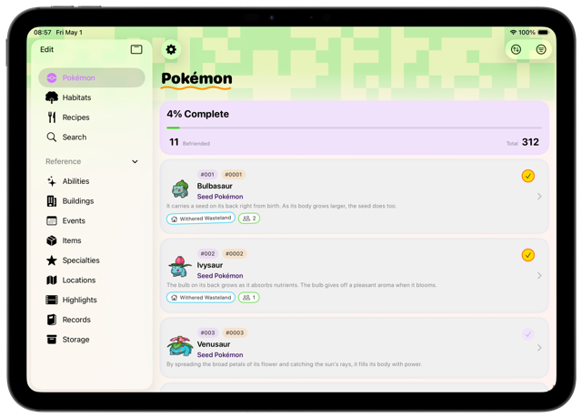 Tangrome on iPad showing the Pokédex in landscape