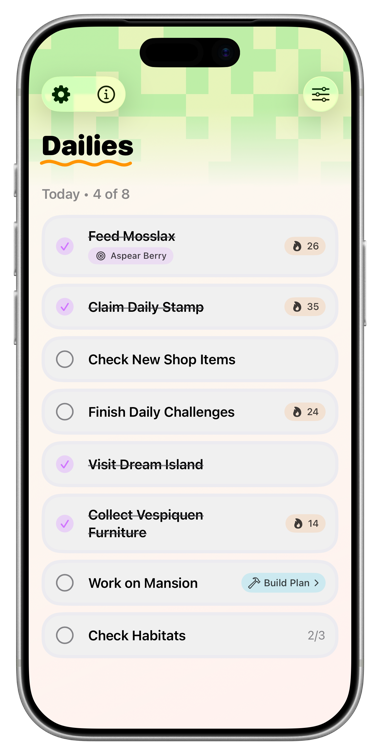 Tangrome Dailies checklist showing daily actions, streak counts, a pinned focus item, and a Build Plan link