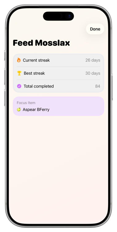 A single daily detail showing current streak, best streak, total completed, and the pinned focus item