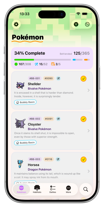 Tangrome Pokémon list showing completion progress, habitats, and roommate counts