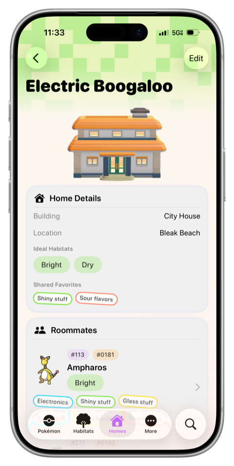 Tangrome Home detail showing a building, location, shared favorites, and roommates