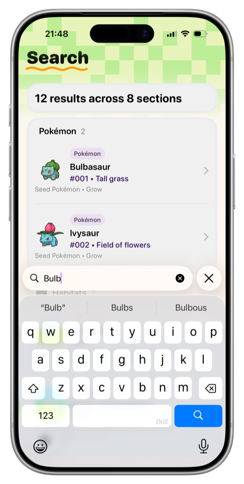 Tangrome search results showing Pokémon, habitats, and more across encyclopedia sections