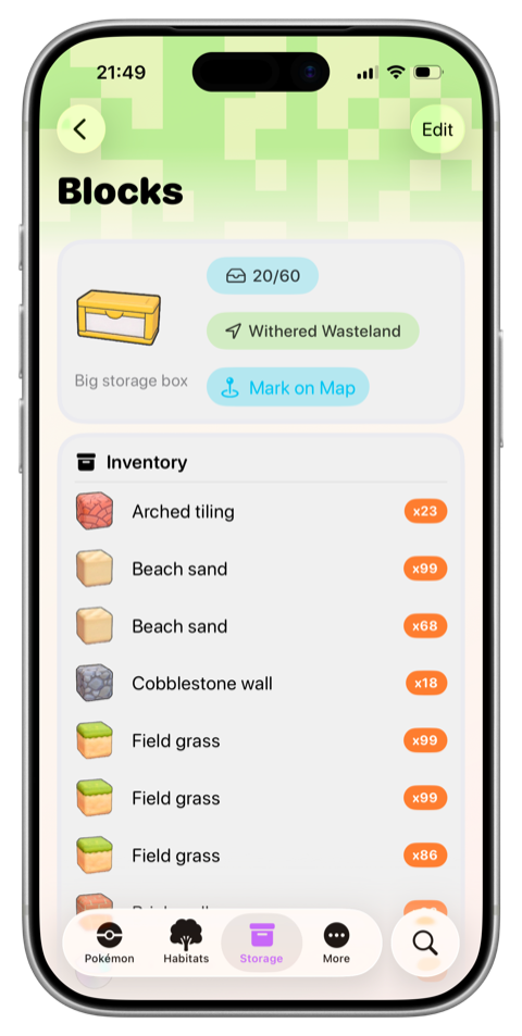 Storage box detail showing a mapped location and saved item quantities