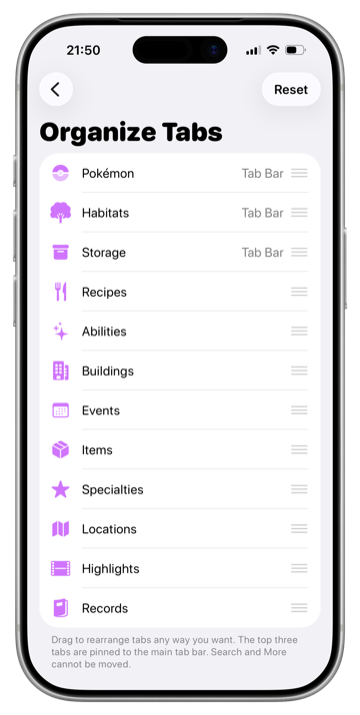 Tab customization showing reorderable sections